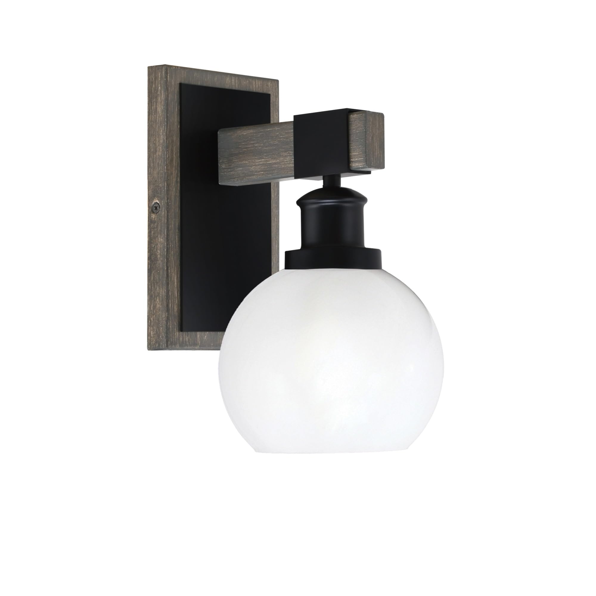 Toltec Lighting Tacoma Light Wall Sconce, Matte Black, Distressed Wood-Look Metal, 5.75in White Marble Glass
