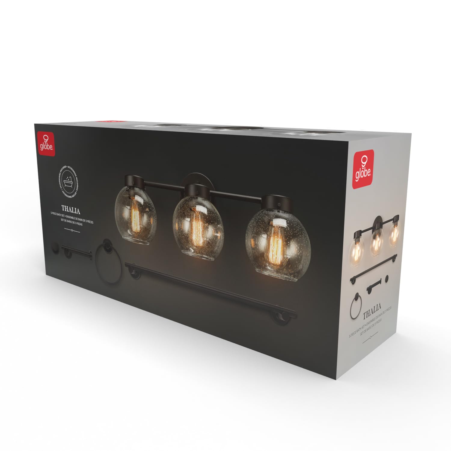 Globe Electric 63000202 5-Piece All-In-One Bathroom Accessory Set With 24'' 3-Light Vanity Light, Dark Bronze, Seeded Glass Shad