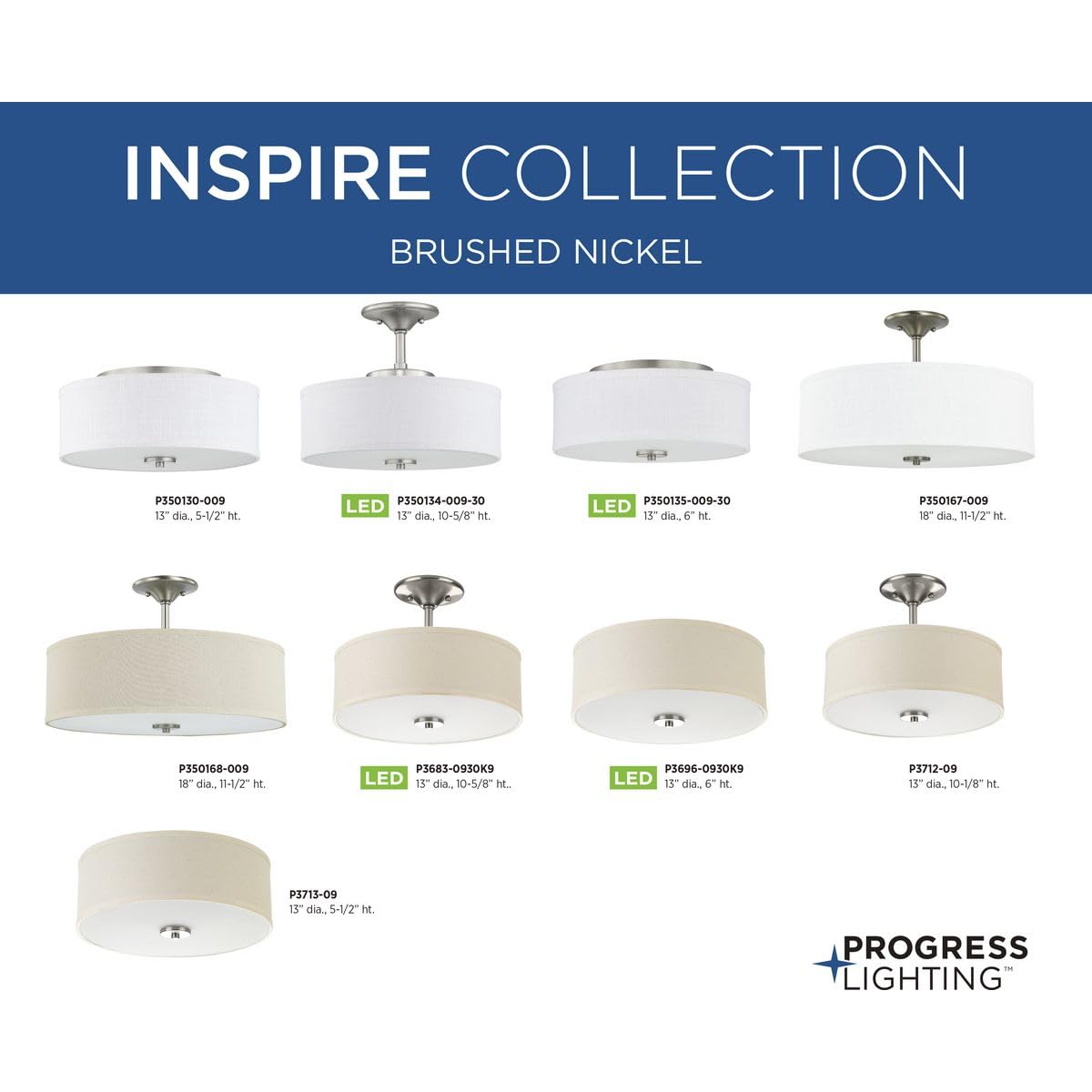 Progress Lighting P3712-09 Inspire Two-Light Semi-Flush, Brushed Nickel