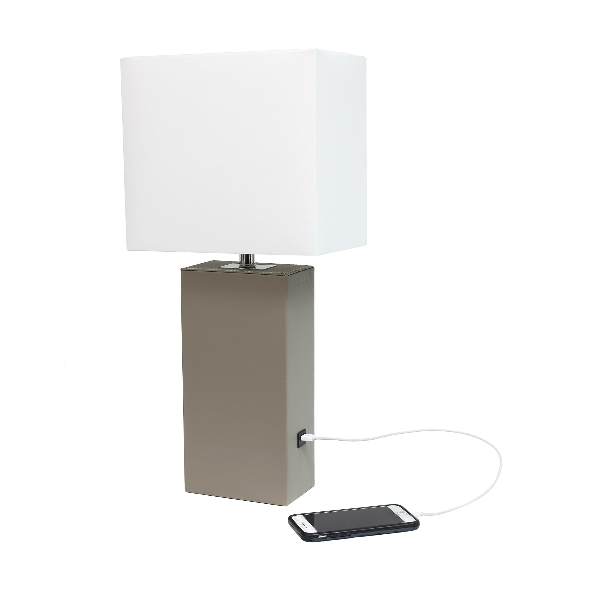 Elegant Designs Lt1053-Gry Modern Leather Table Lamp With Usb And White Fabric Shade, Grey (Pack Of 1)