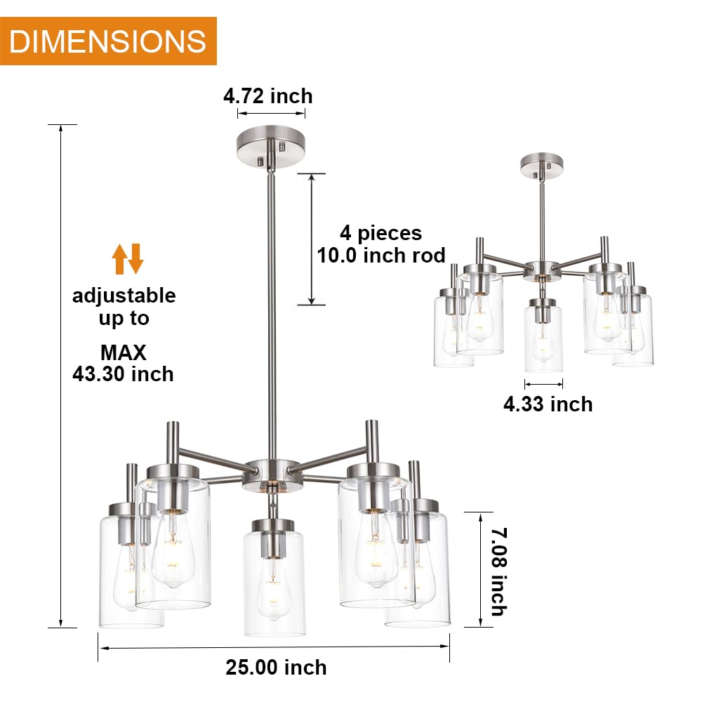 VINLUZ 5 Light Contemporary Chandelier - Brushed Nickel, Clear Glass Shades, Model 1810-5-13, Adjustable Semi Flush Pendant Lighting