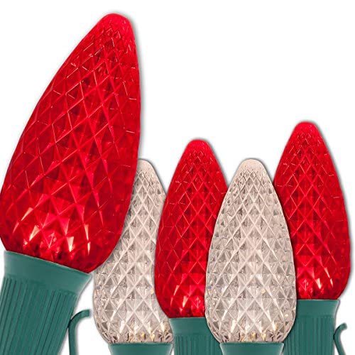 Wintergreen Lighting C9 LED Christmas Lights, 100 ft, 100 Lights, Red/Warm White, Heavy Duty, Green Wire, Polycarbonate