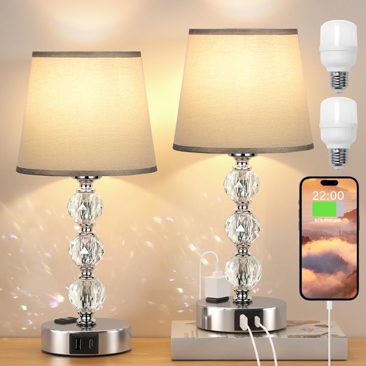Acaxin Lamps for Bedrooms Set of 2 Nightstand- Crystal Table Lamps with USB C+A Ports & AC Outlet for Charging, 3 Way Dimmable T
