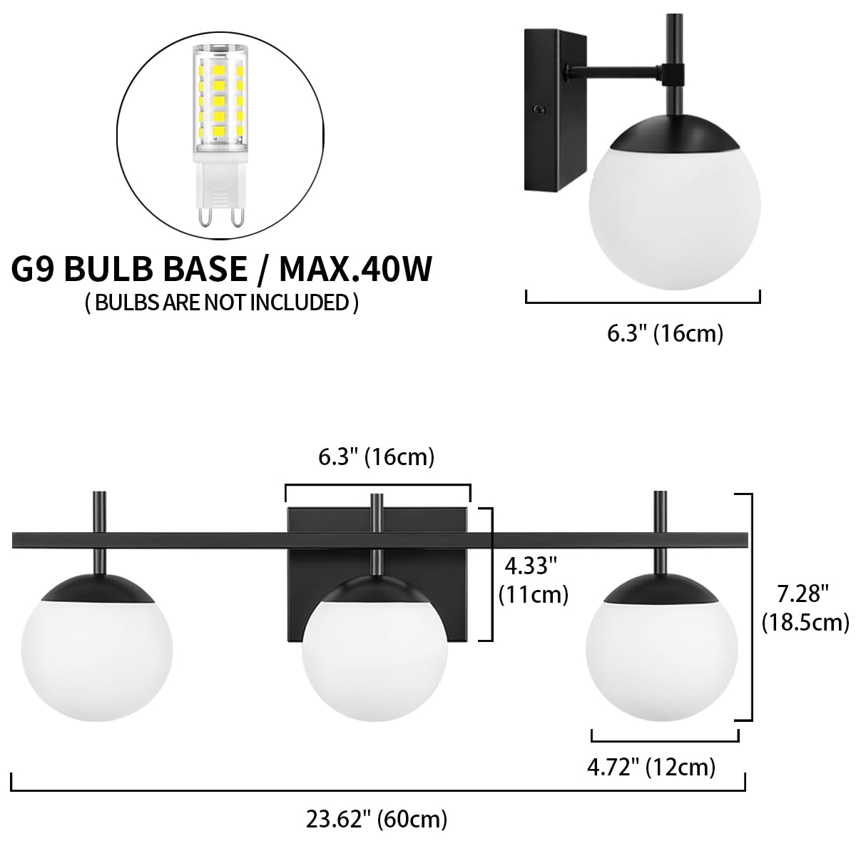 Zsmihdoh 3-Light Black Bathroom Vanity Light, Mid Century Globe Fixtures With Milky Glass