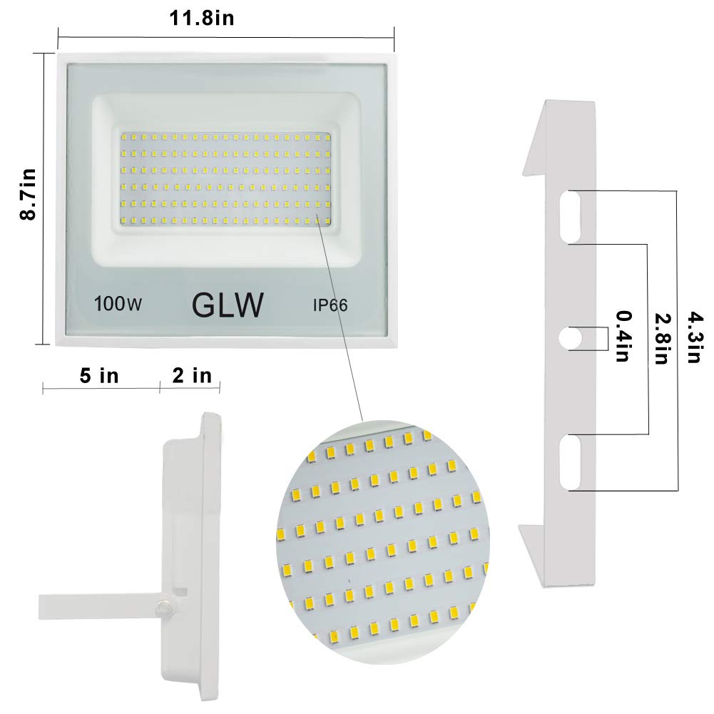 GLW 100W LED Flood Lights 2 Pack, 10000LM Super Bright, IP66 Waterproof, 6000K Daylight White for Outdoor Use