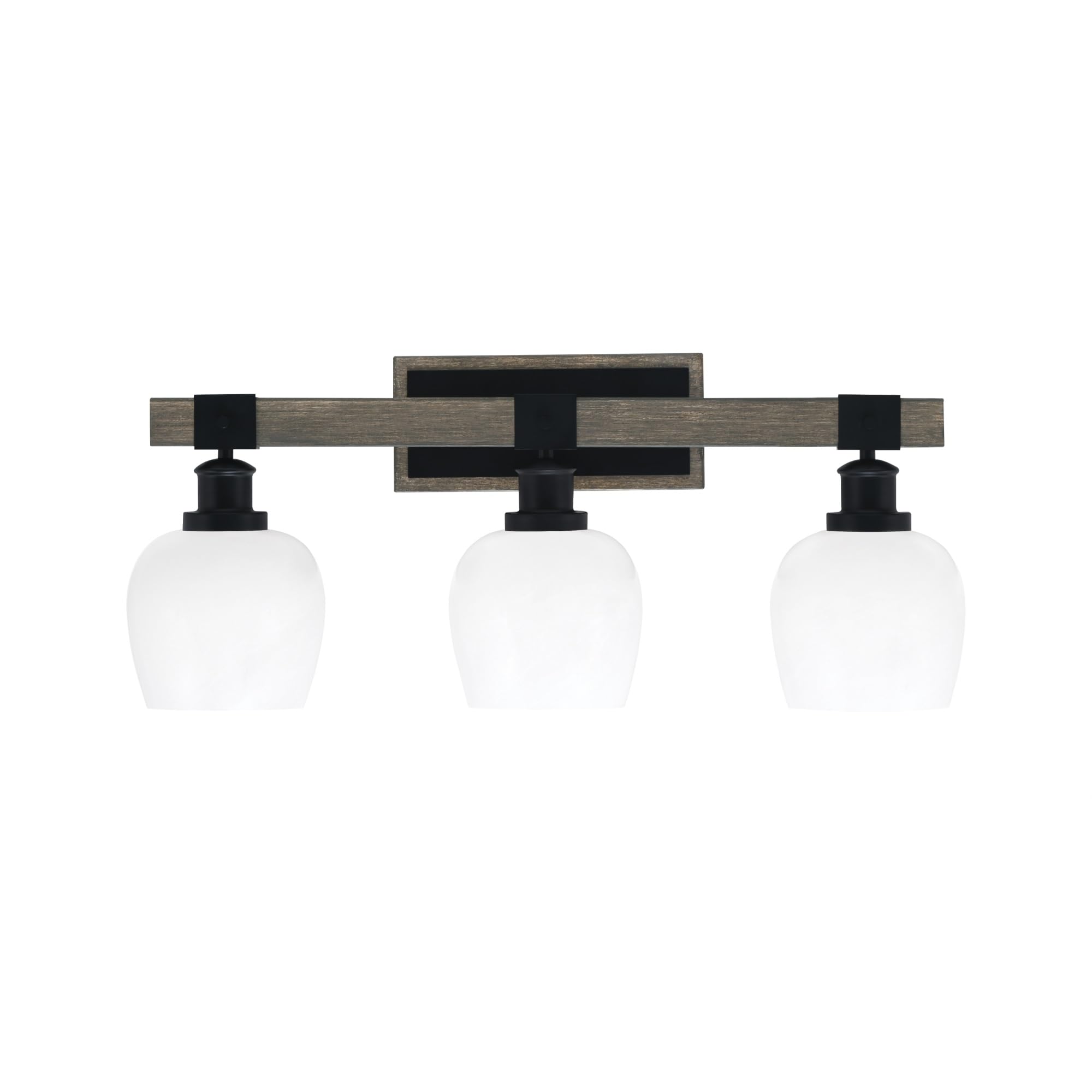 Toltec Lighting Tacoma 3 Light Bath Bar, Matte Black & Distressed Wood, White Marble Glass