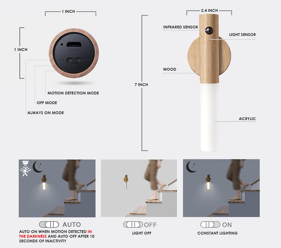 HIREATH Portable Smart LED Motion Sensor Night Light - Rechargeable Wooden Stick Wall Lights for Living Room, Bedroom, Bathroom - Lighter Brown