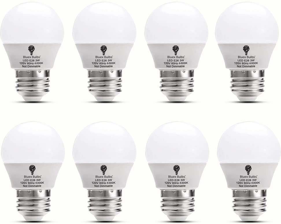 Bluex Bulbs 8 Pack Bluex 3W G14 Led Light Bulb 4000K Cool White - 25W Equivalent - E26 Base 120V - Small Night Light Bulbs For B