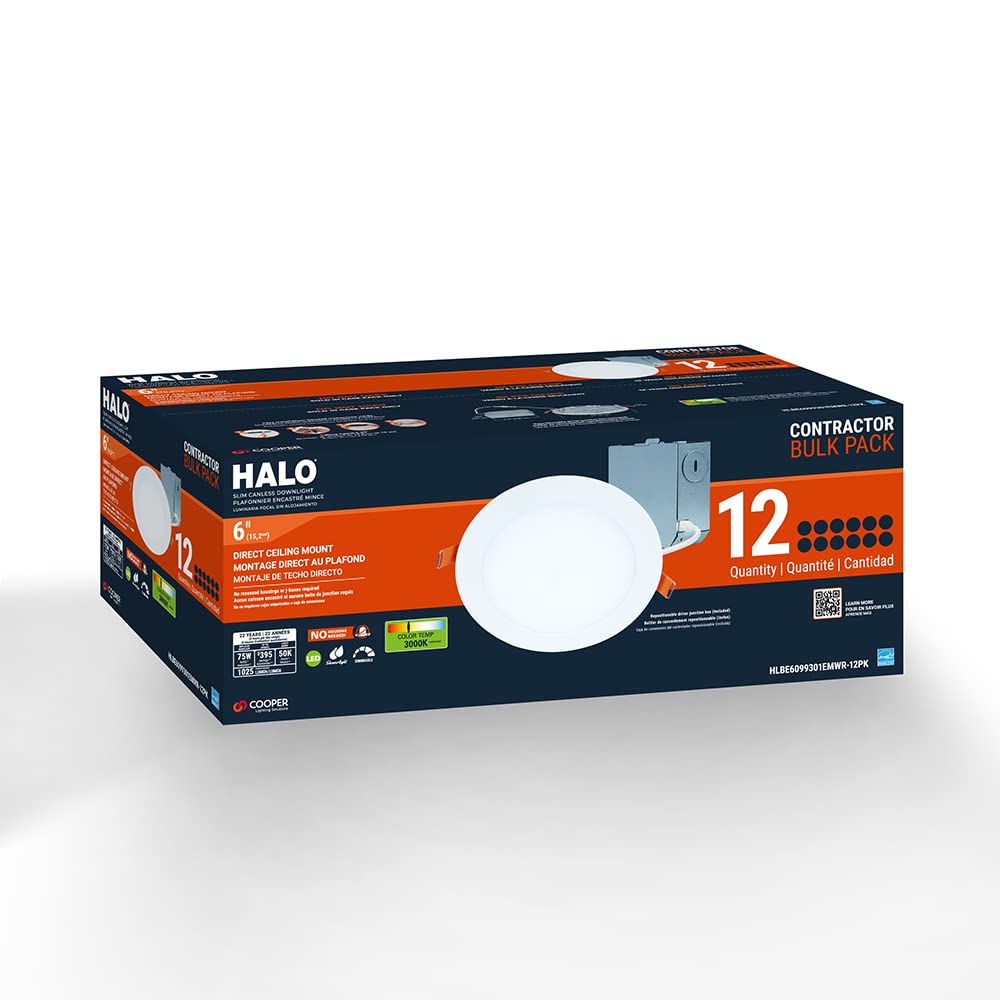 HALO 6 Inch Canless Ultra-Thin LED Wafer Light, 3000K Bright White, 1025 Lumens, Wet Rated, 12 Pack, UL & FCC Certified