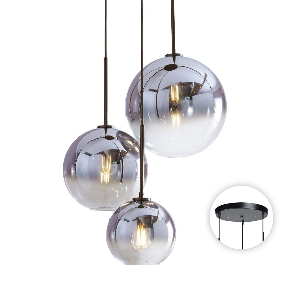 KCO Modern 3-Light Pendant Light Fixture, Silver Gradient Glass, Metal, 15*20*25cm, Model L1111