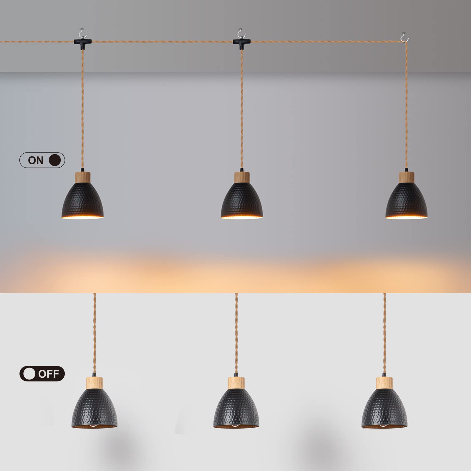 Alaislyc 3-Light Plug In Pendant Light 22Ft Industrial Hanging Lamp With Twisted Hemp Rope Independent Triple Switch Hanging Lig