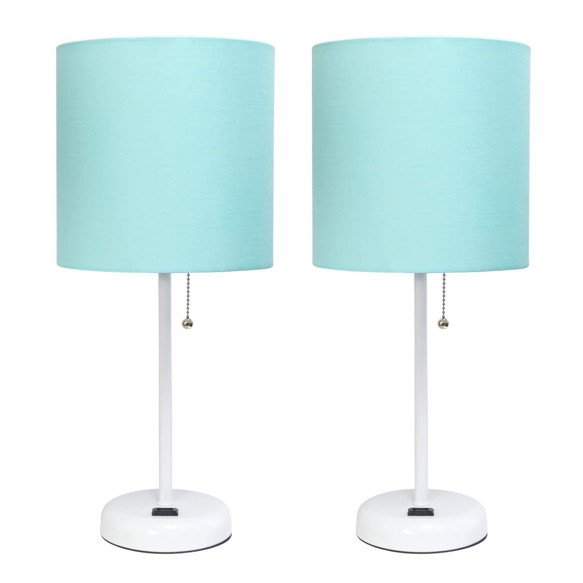 Limelights LC2001-AOW-2PK White Stick Table Lamp with Charging Outlet & Fabric Shade44; Aqua - Set of 2
