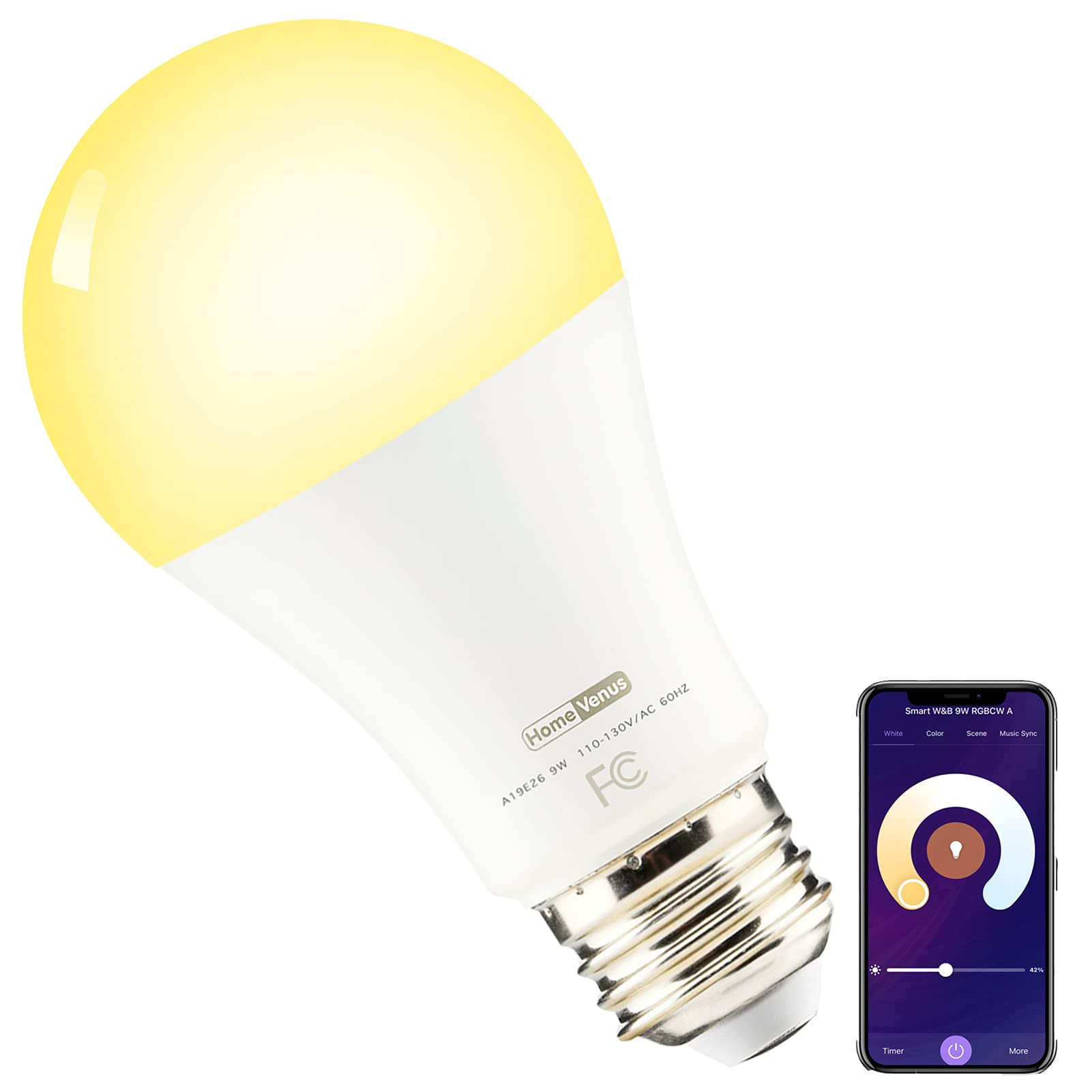 Homevenus Smart Light Bulb, Dimmable Tunable Cool Warm White, 9W A19 E26, 2500k-6500k, WiFi/Bluetooth, 1 Count