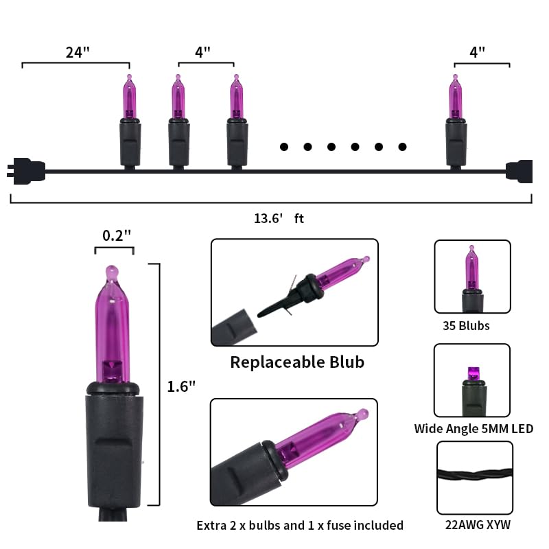 MULTI-SPARKING Purple LED Halloween String Lights - 35 Count, 11ft Black Wire, UL Certified