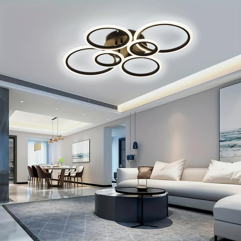 Cyaruy Modern Light Fixtures Ceiling, Dimmable Led Semi-Flush Mount Ceiling Lighting, 6-Rings Black Chandelier Ceiling Lamp With