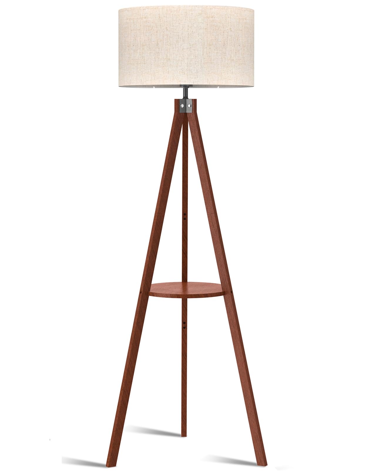 LEPOWER Tripod Floor Lamp, Modern Design with Shelf, Rubber Wood, Brown, Model UF1101