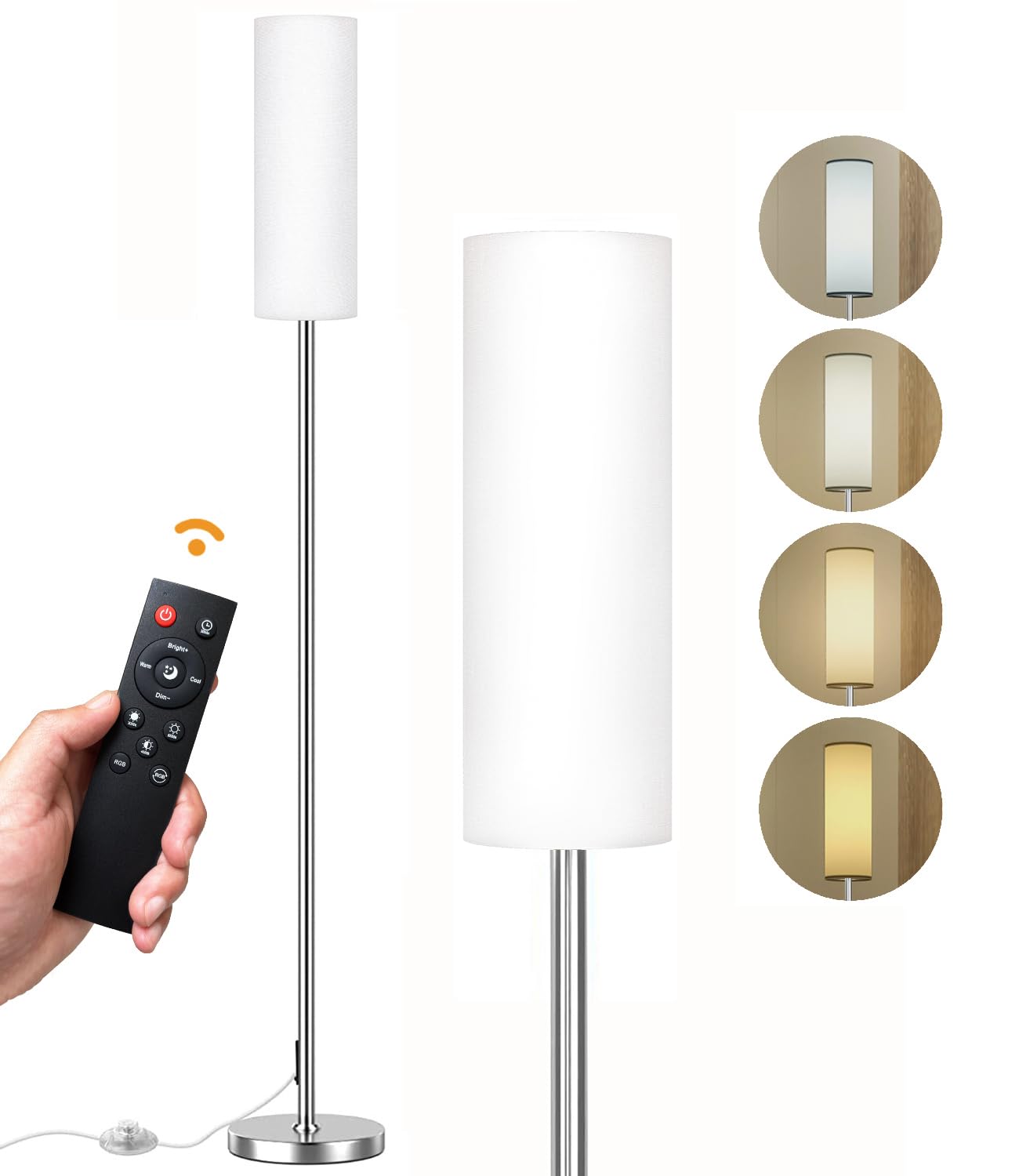 Qaubauyt Modern Led Floor Lamp With Remote, Brushed Nickel, Reading & Colorful Modes, 9W Bulb