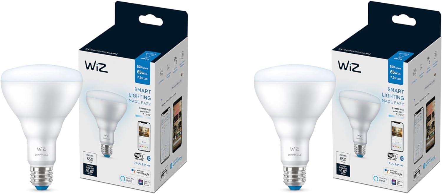 WiZ Connected 65W Eq.(7.2W) BR30 Daylight (5000K) LED Smart Bulb - Pack of 2 - 650 Lumen- E26 - Indoor - Connects to Your Existi