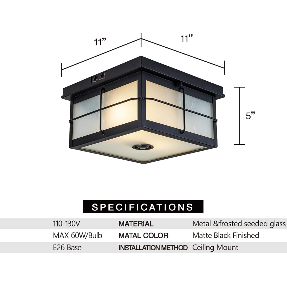 Oupavocs Motion Sensor Outdoor Ceiling Light, 2-Light Flush Mount With Frosted Glass, Black