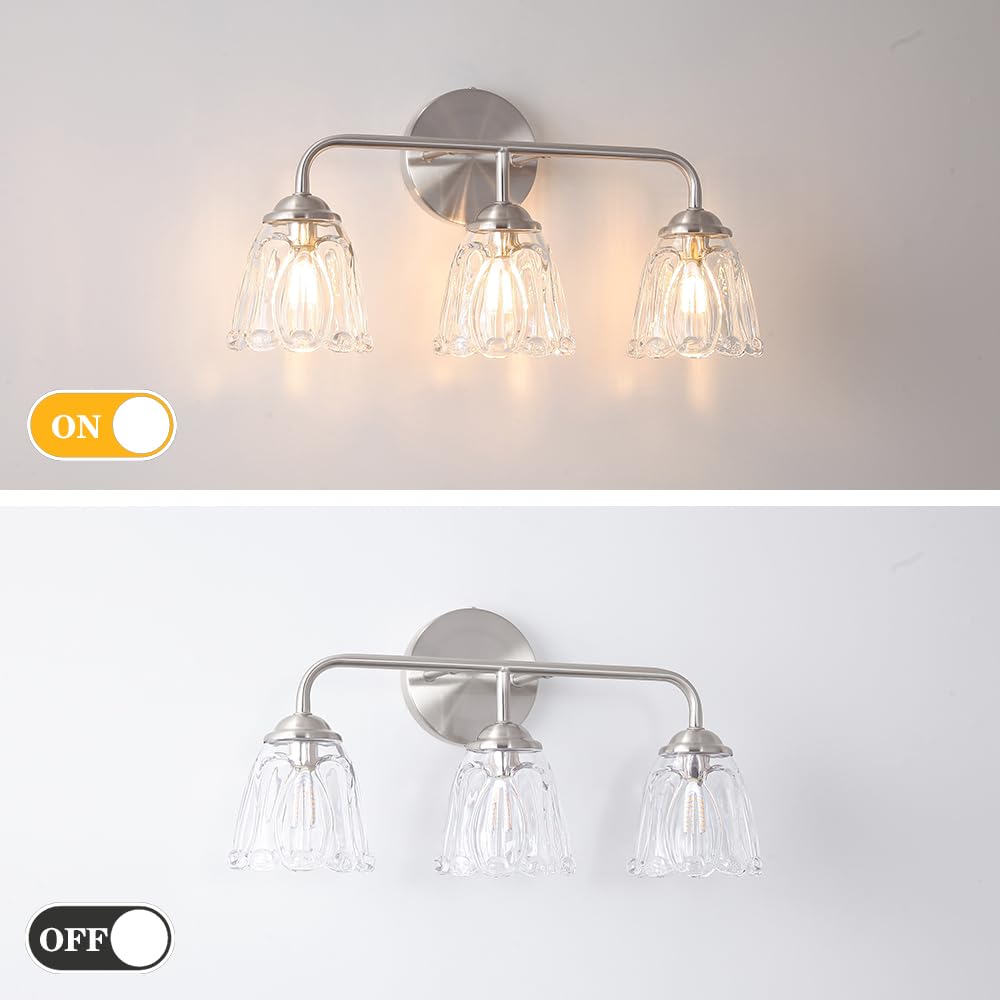 Daunton Vintage 3-Light Vanity Lighting For Bathroom, Elegant Bathroom Vanity Light With Flower Glass Shade, Nickel Bathroom Lig