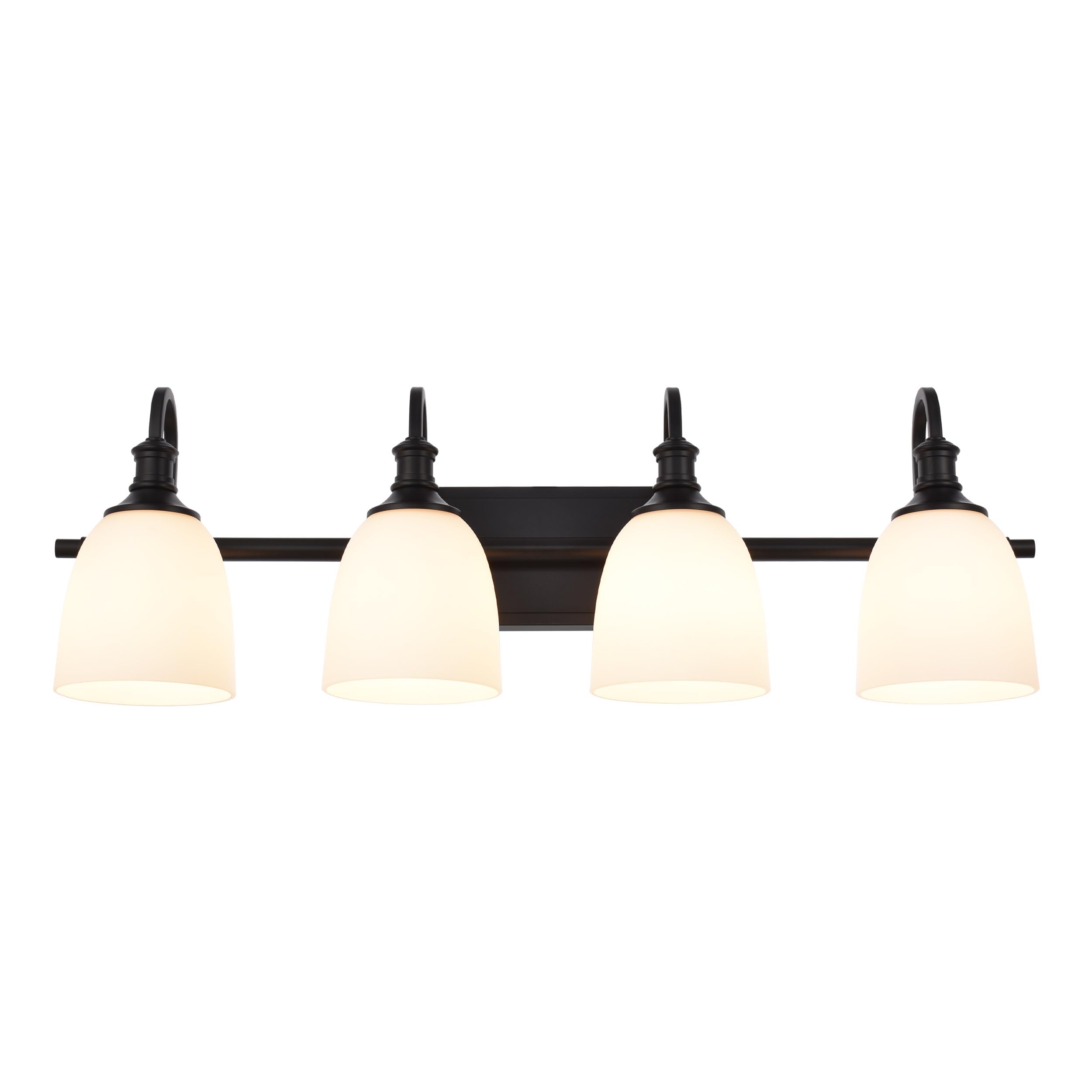 Hanaloa 4-Light Bathroom Vanity Light Fixtures, Vintage Matte Black, Alloy Steel, Milk Glass Shade, Model VA0049-4-MB