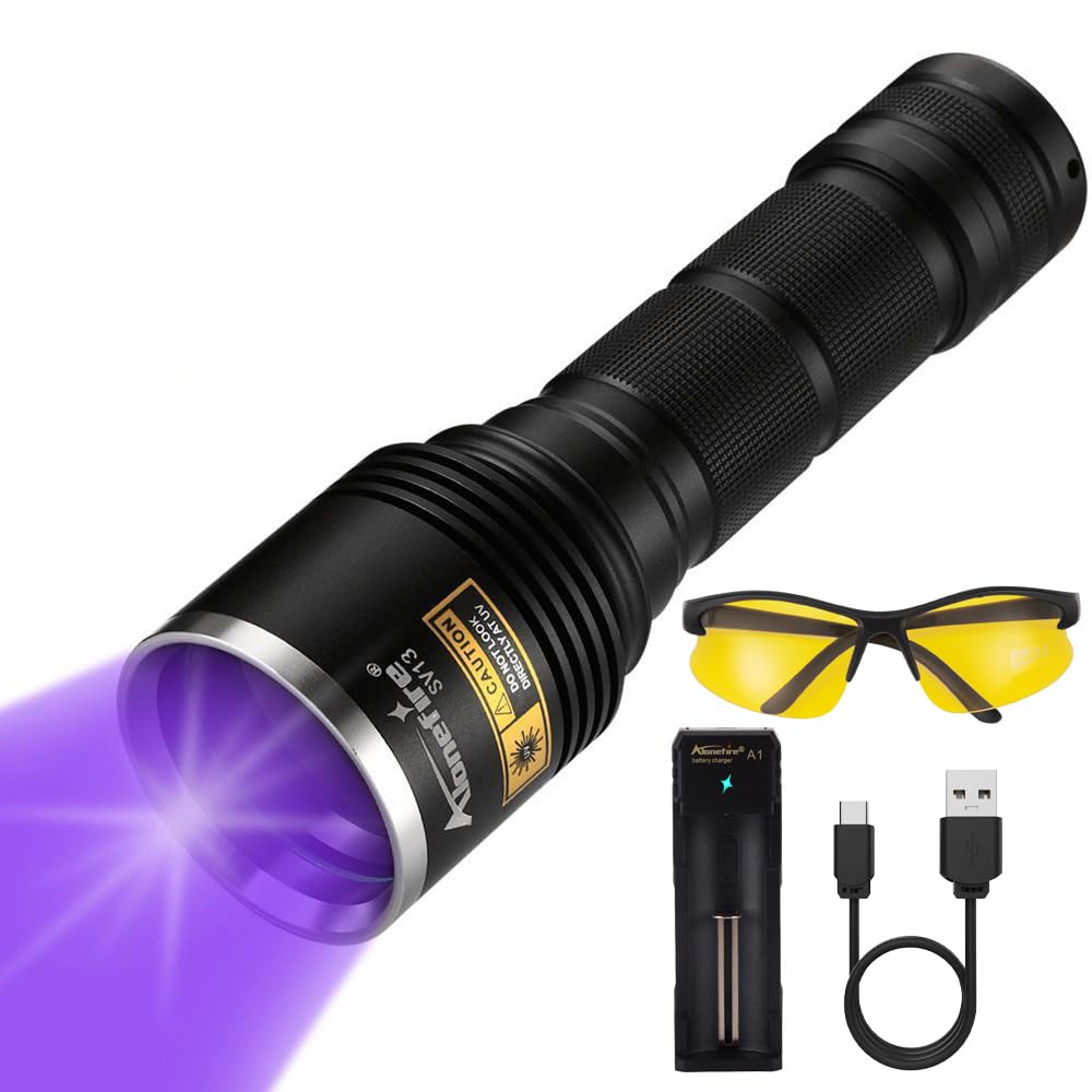 ALONEFIRE SV13 15W UV Flashlight Rechargeable Black Light for Pet Urine, Bed Bug, Scorpion Detection, Includes Glasses, Battery, Charger