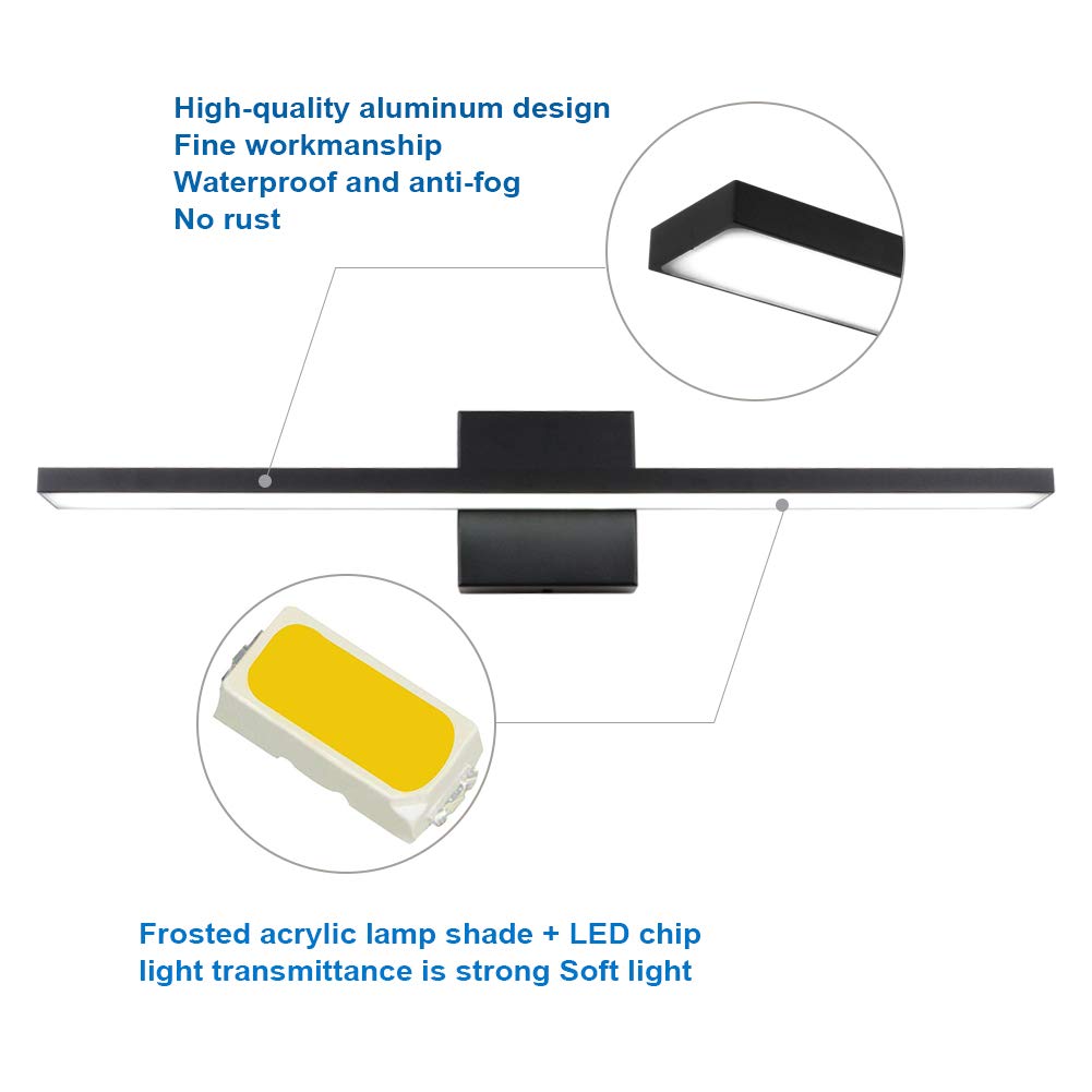 Ralbay 24-Inch Modern LED Vanity Light, 20W Frosted Aluminum, Natural White 4500K, Black Finish, Model 1089