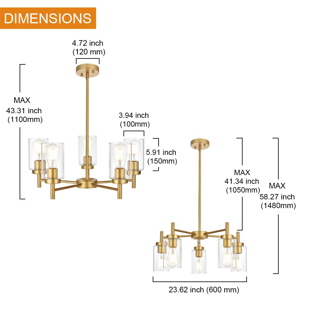 VINLUZ LED 5 Light Modern Chandelier, Brushed Nickel Finish, Crystal Bubble Glass Shade, Model LED1810-5-11