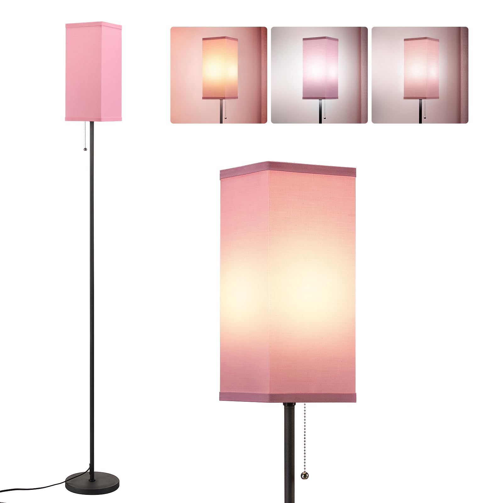 Ziisee Pink Floor Lamps for Bedroom Modern- 3 Color Temperature Standing Lamps with Pull Chain Switch, Tall Lamp for Office Home