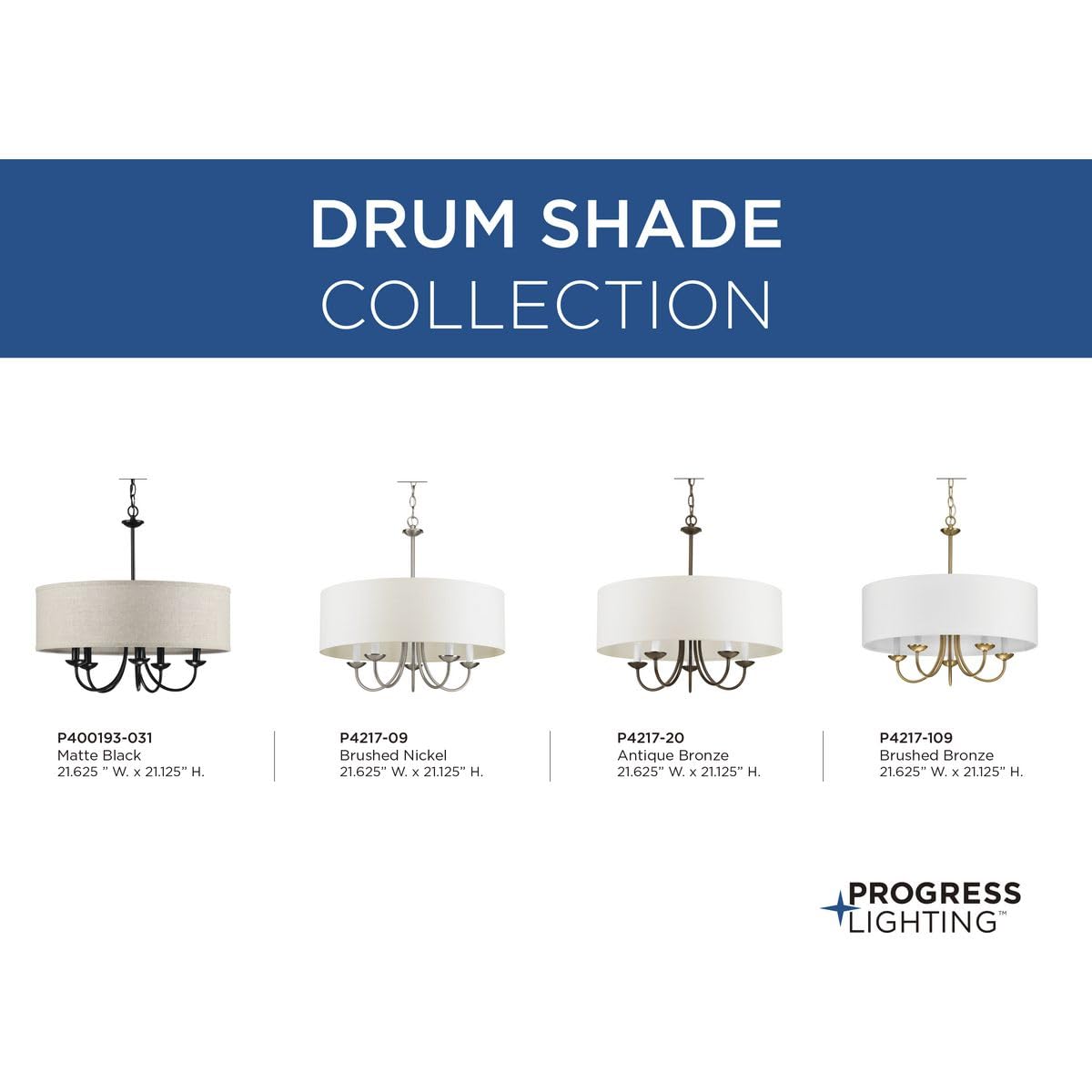 Progress Lighting Drum Shade Collection 5-Light White Fabric Shade New Traditional Chandelier Light Brushed Bronze