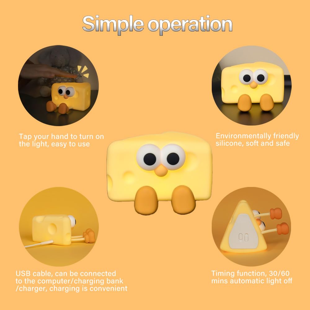 Myratts LED Night Light, Dimmable Silicone Lamp, Rechargeable Touch Control, Cheese Color, Model JYNL-001