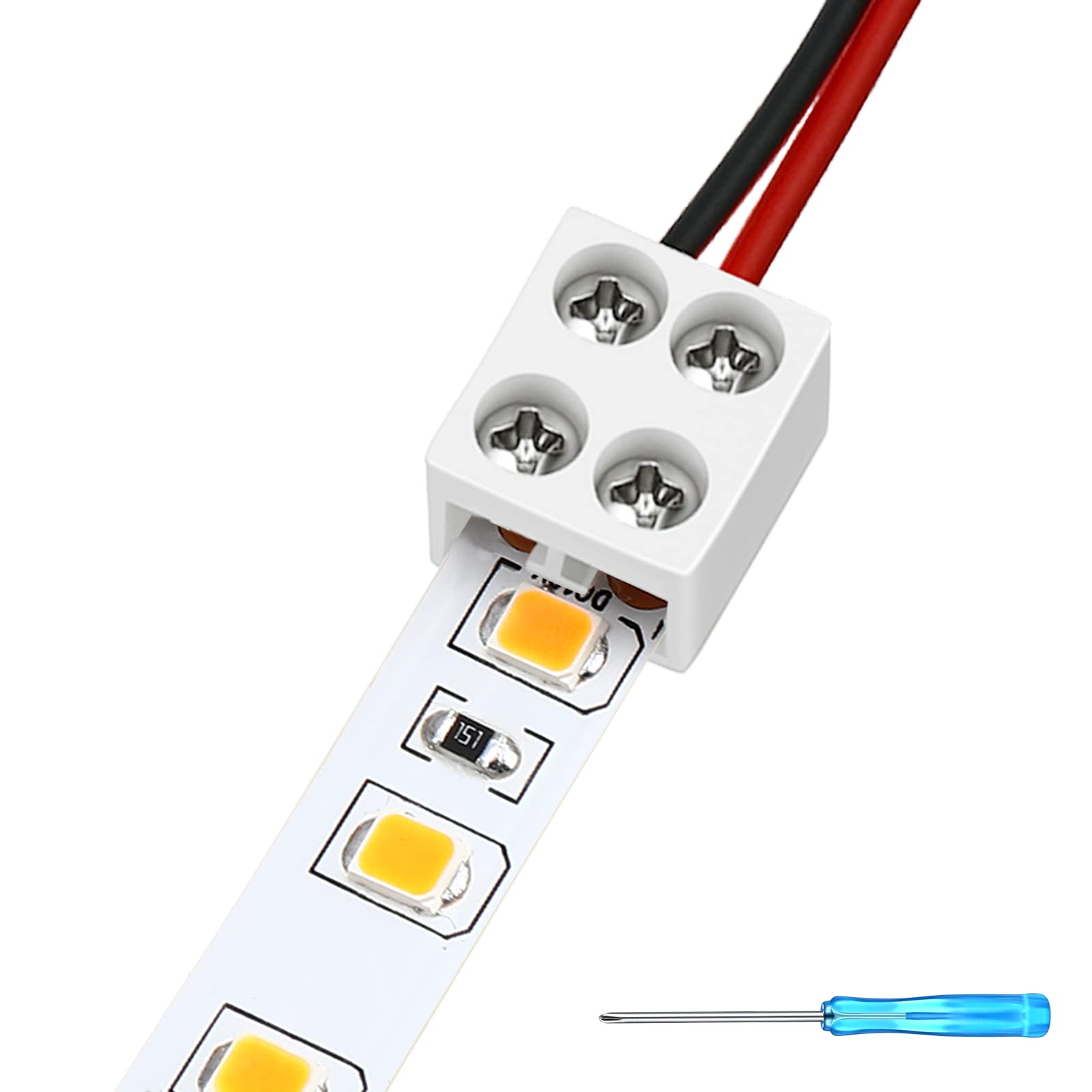 25 Pack Solderless White Led Tape Light Connectors Tighten Screw Terminal Blocks 2 Pin 10mm Connector with Screwdriver Wire to S