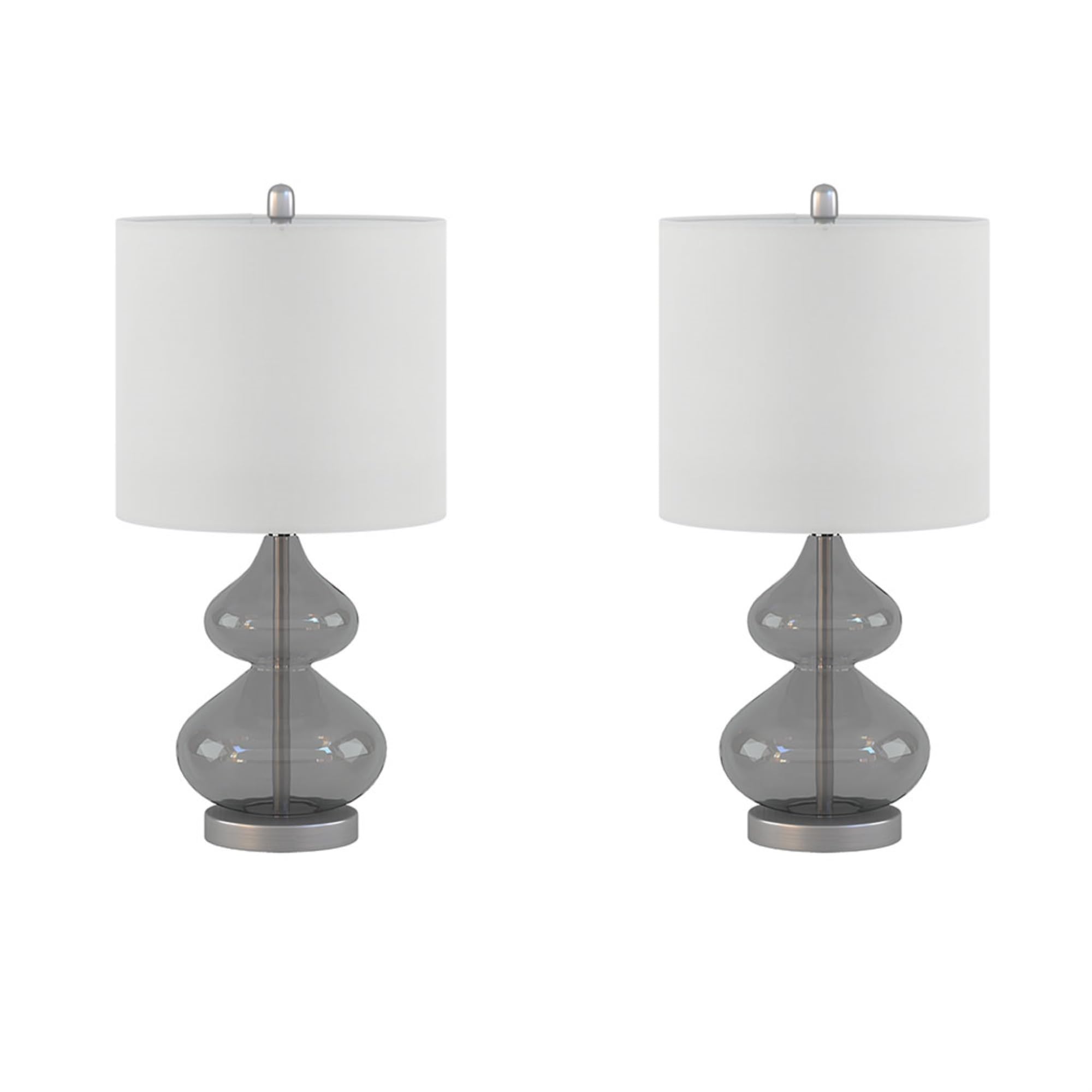 Ergode Curved Glass Table Lamp Set of 2 - Elegant Gray Glass Base with White Drum Shade - Contemporary and Traditional Decor - Includes 2 Type A Light Bulbs
