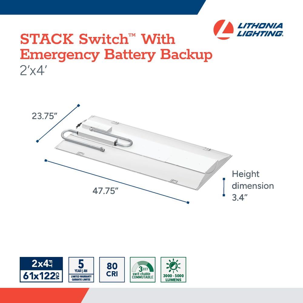 Lithonia Lighting 2 Ft. X 4 Ft. Stack Switch Led Lay-In Ceiling Light Fixture, 4000-6000 Adjustable Lumens, 3500K-5000K Switchab