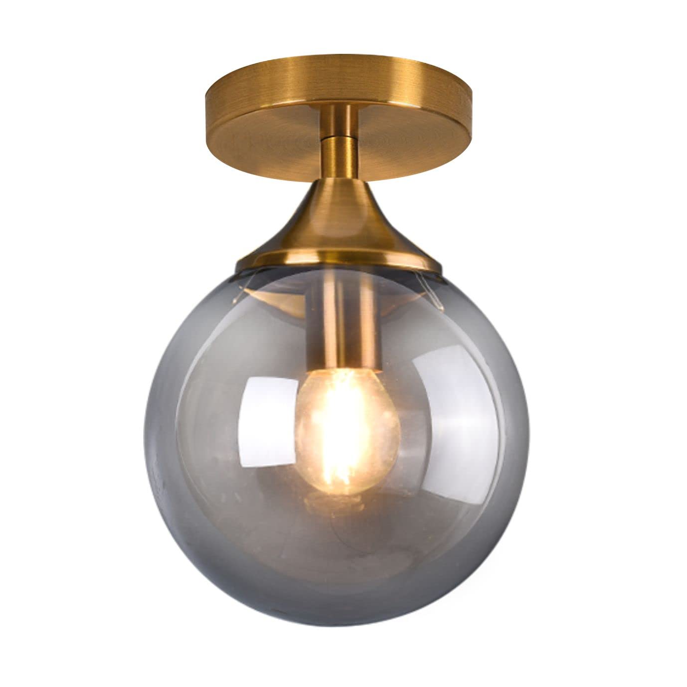 KCO Lighting Mid Century Modern Ceiling Light, Smoke Gray Glass, Brushed Gold, Model C1073-S, Small Globe Flush Mount for Hallway or Bedroom