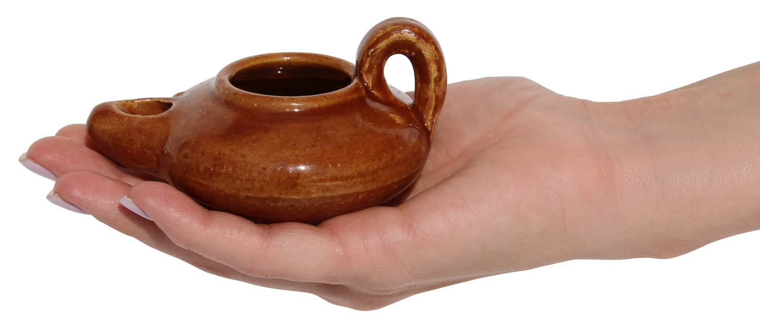 THE JERUSALEM GIFT SHOP Herodian Biblical Clay Oil Lamp - Glazed Brown, Model HOL, Religious Gift for Christian Faith