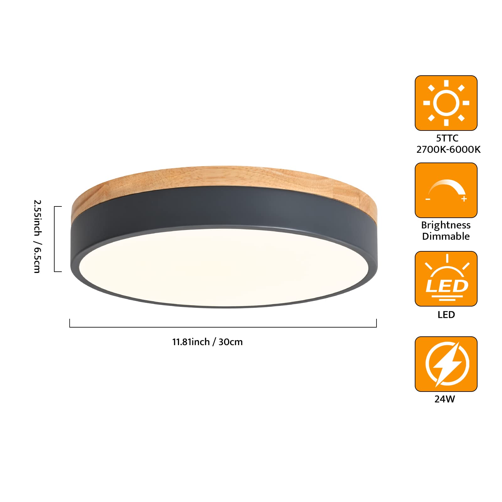 Yiisem Dimmable Wood Led Flush Mount Ceiling Light, 5Cct 2700K-6000K Modern Round Close To Ceiling Lighting Fixtures, Minimalist