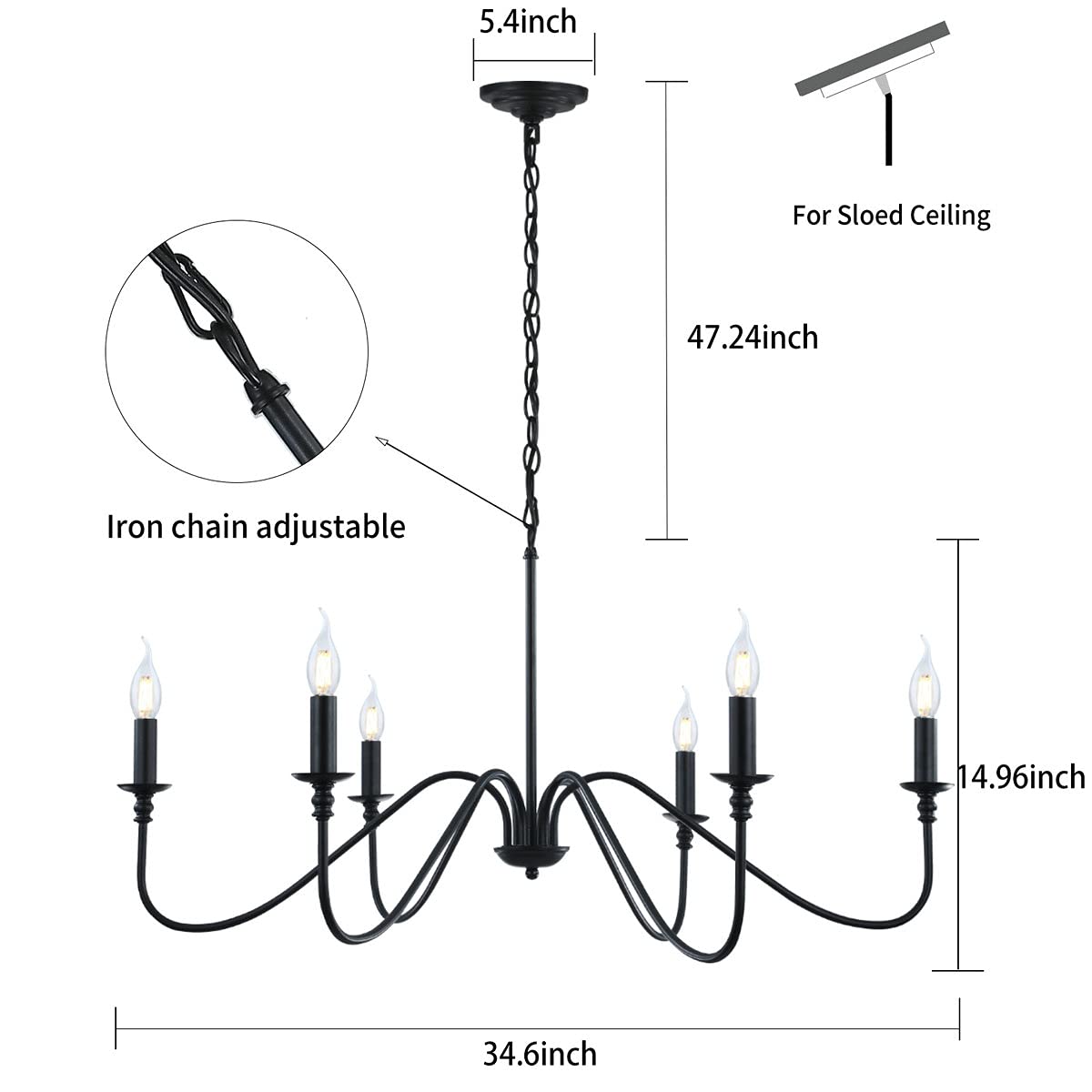 Miluolan Black Iron 6-Light Rustic Industrial Chandelier, Candle Hanging Fixture for Dining Room, Living Room, Bedroom, Model A980