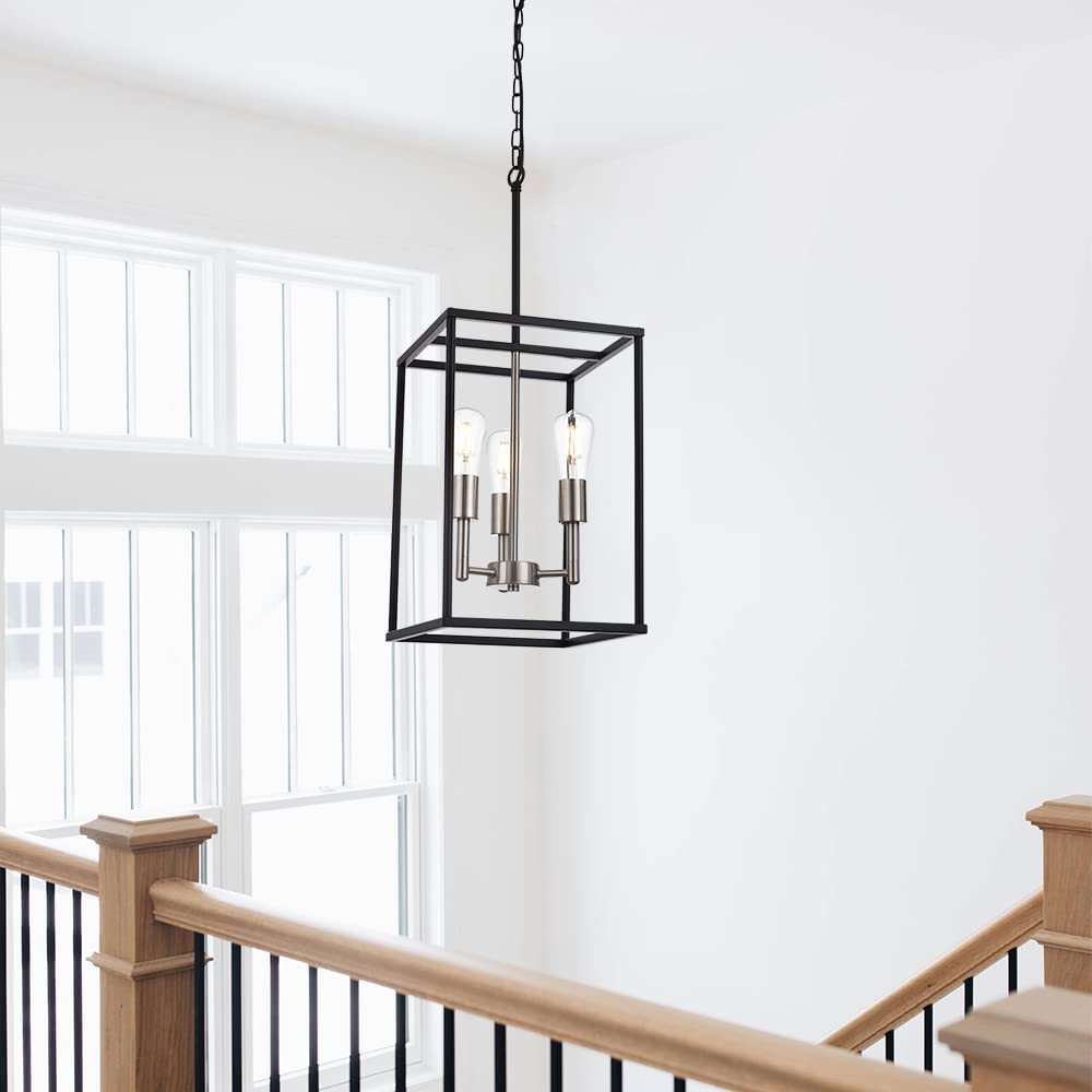 VINLUZ 3 Light Lantern Pendant Lighting, Black & Brushed Nickel, Industrial Chandelier for Kitchen Island, Model 270-3BS