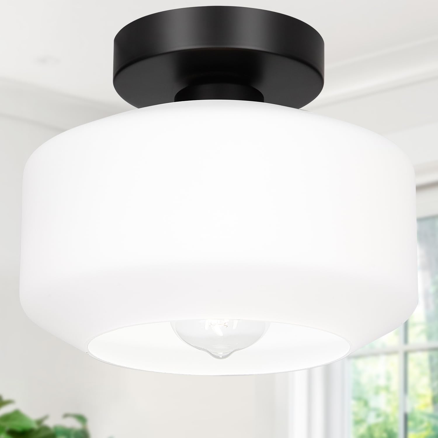 Lynnoland Industrial Semi Flush Mount Ceiling Light  Milky White Glass Shade Ceiling Light Fixture  Black Light Fixture for Hallway Bathroom Bedroom  Vintage Hanging Light Fixtures