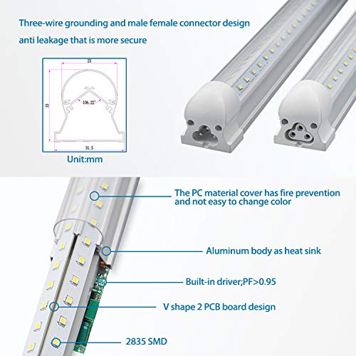 TRLIFE 8FT LED Shop Light Fixture, 72W T8 V-Shape, 5000K Daylight White, 8640Lm, Aluminum, 4 Pack