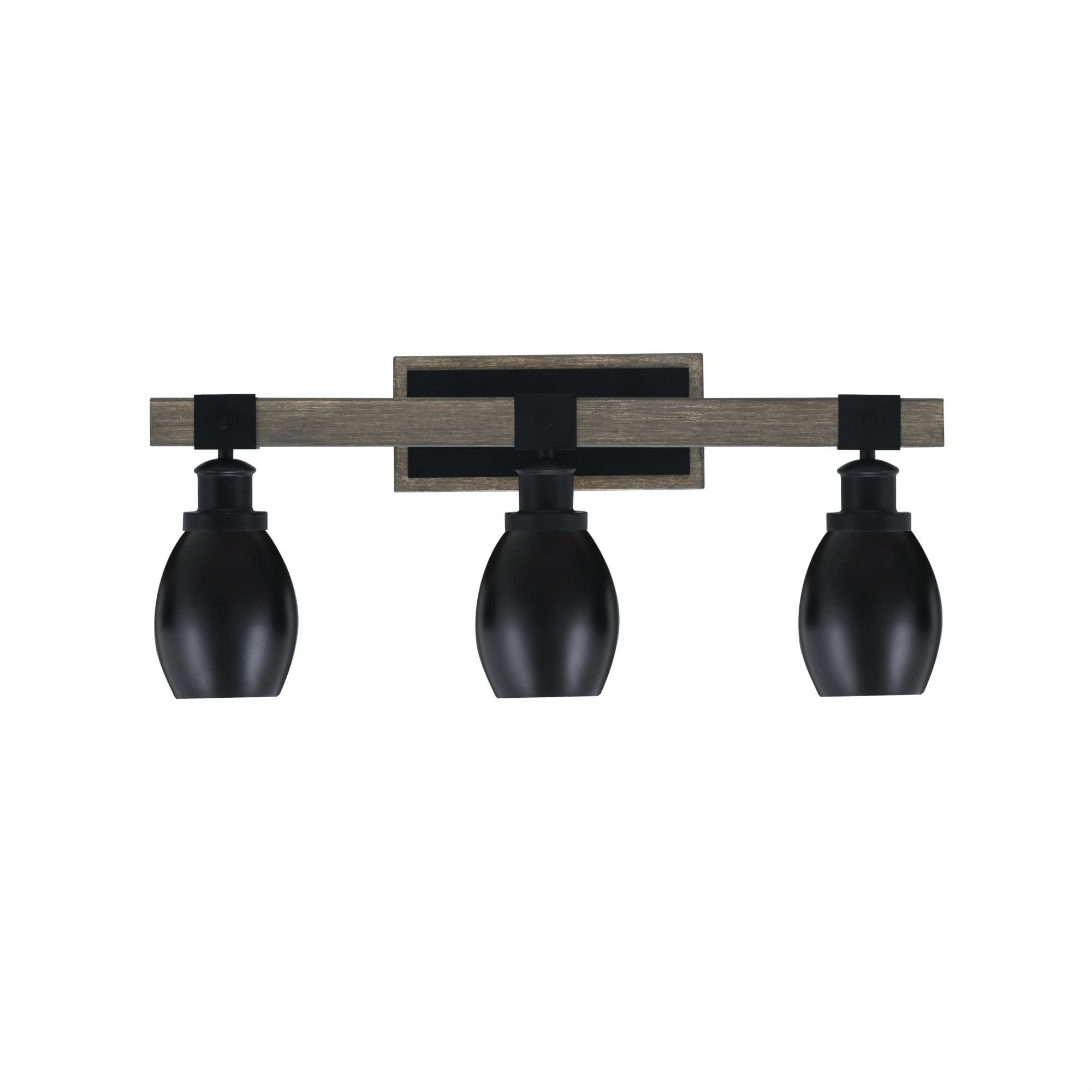 Toltec Lighting Tacoma 3 Light Bath Bar - Matte Black with Distressed Wood-Look Metal Finish, 5in Oval Shades
