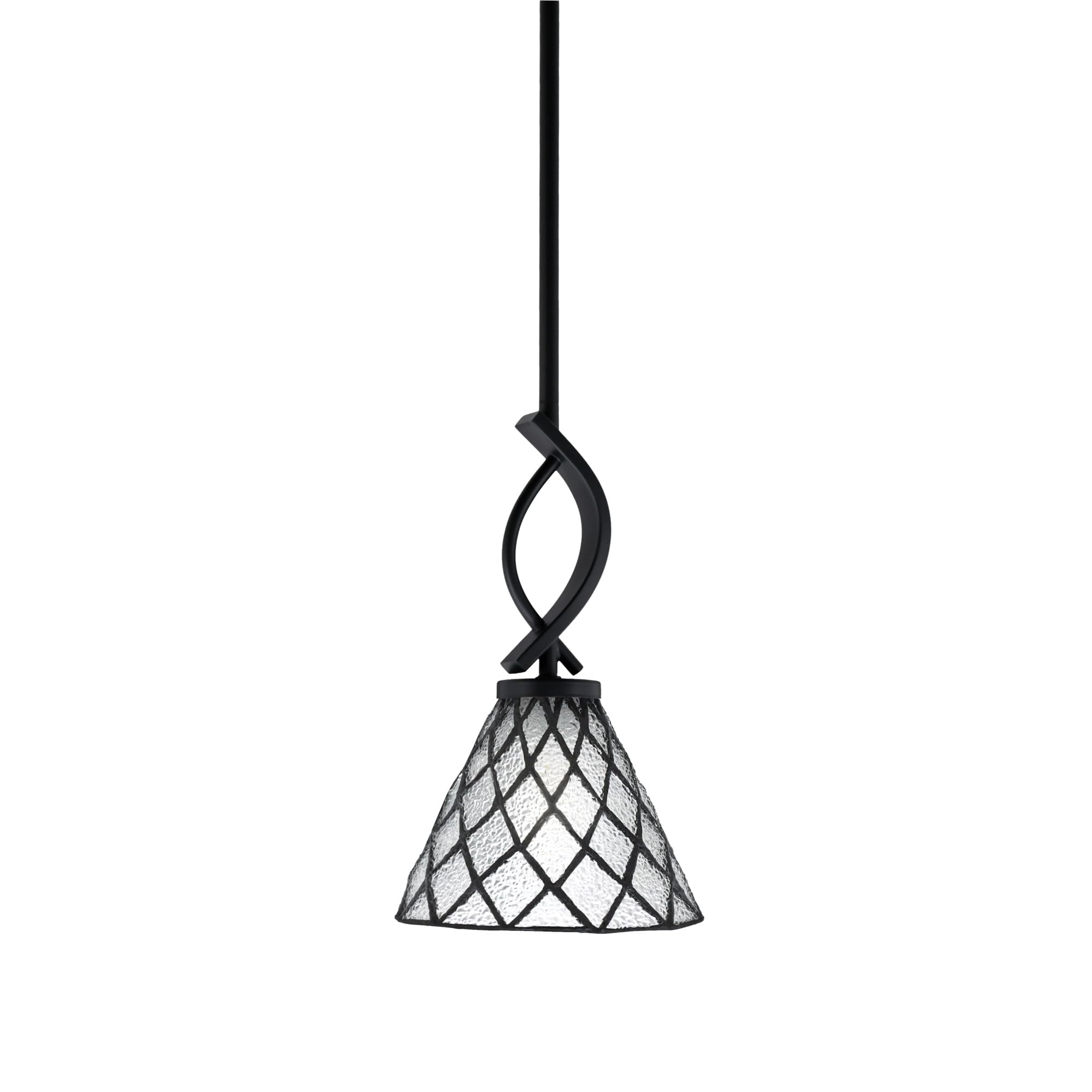 Cavella 1 Light Stem Mini Pendant Shown in Matte Black Finish with 7&quot; Diamond Ice Art Glass