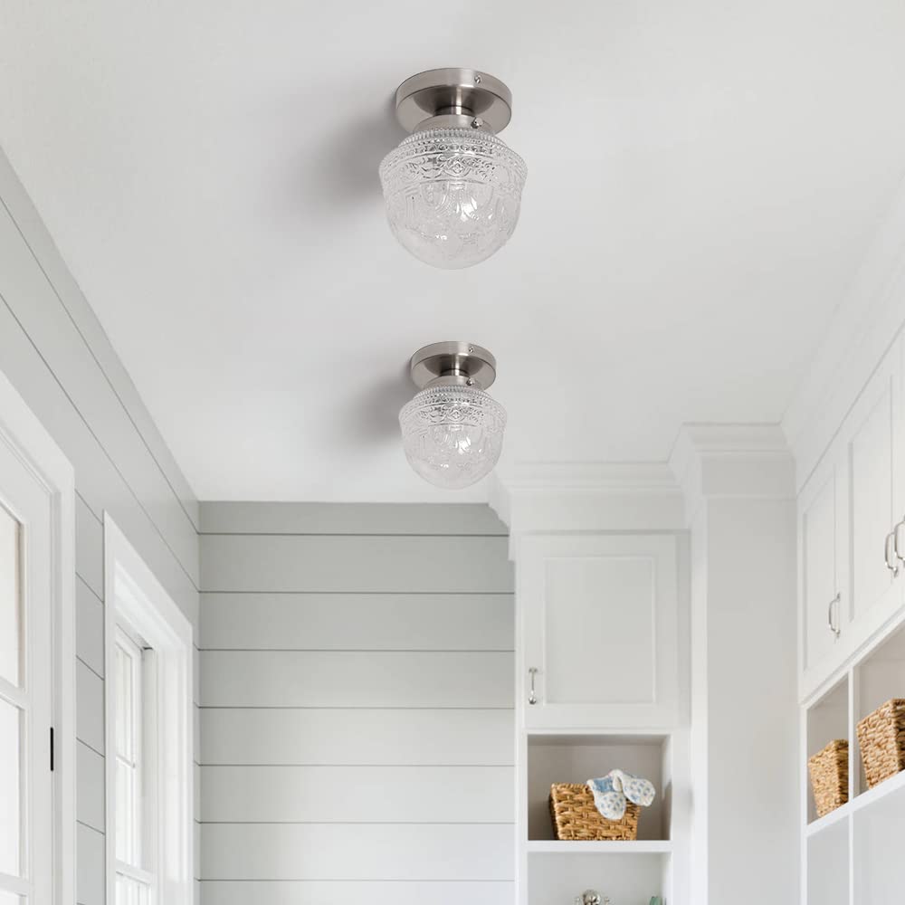 Dsmjfu Brushed Nickel Semi Flush Mount Ceiling Light, Small Blowing Clear Glass Shade Ceiling Light Fixtures For Bedroom Closet