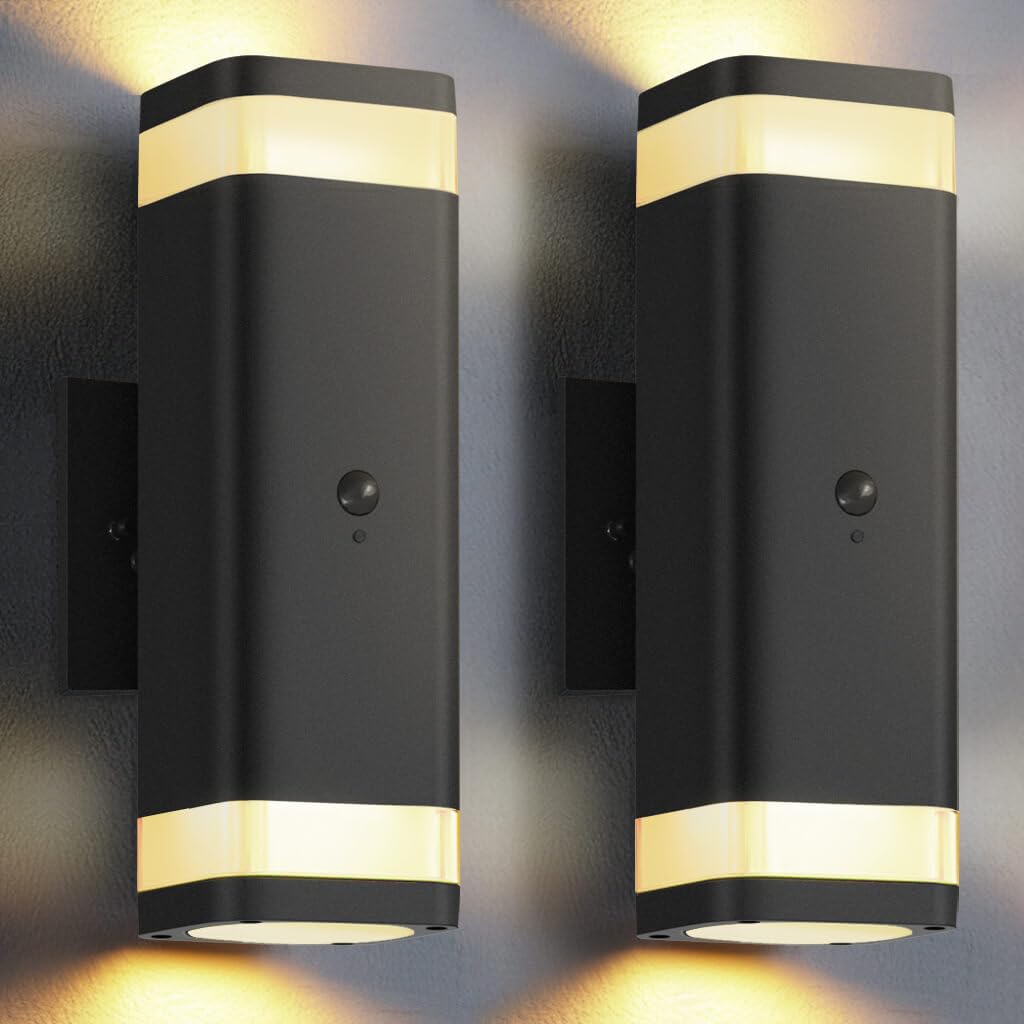 SHIMR Motion Sensor Outdoor Wall Lights 2 Pack, Modern Dusk to Dawn Up Down Sconce with 3 Modes, WaterprExterior Lighting Fixtur