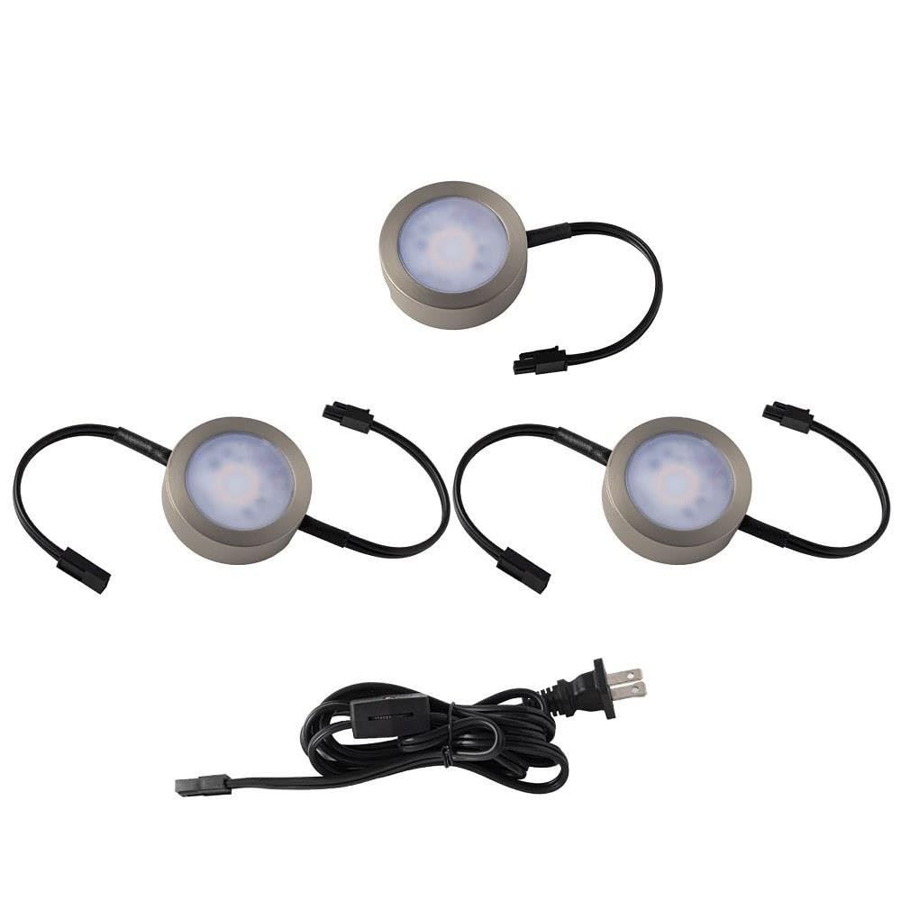 WAC Lighting, Three LED Puck Lights with 2-Double and 1-Single 6in Lead Wire and 6ft Power Cord with Roll Switch 3-CCT Selectabl
