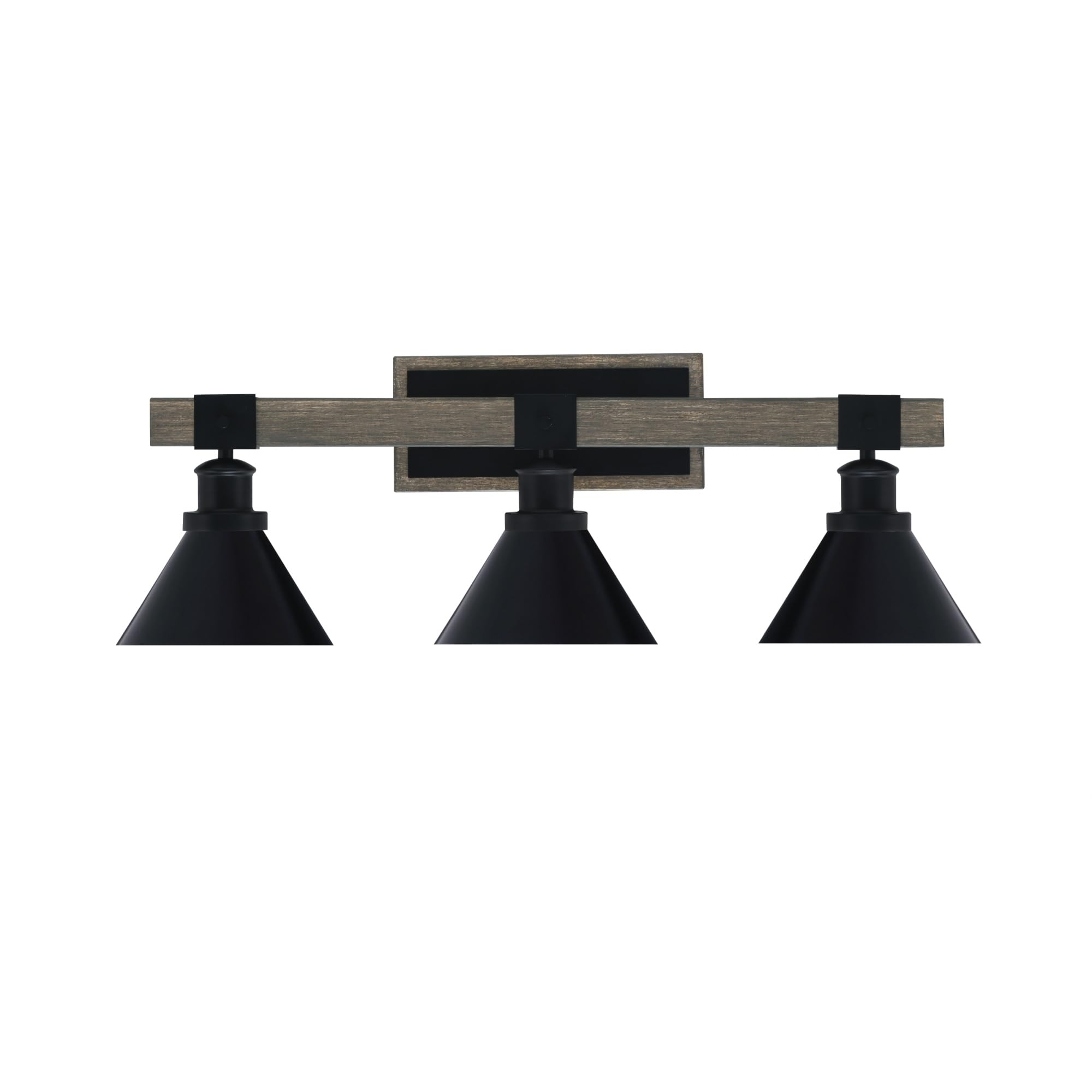 Toltec Lighting Tacoma 3 Light Bath Bar - Matte Black & Distressed Wood-Look Metal, 7in Cone Shades