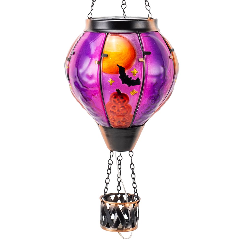 YELENEW Halloween Hot Air Balloon Solar Lanterns Outdoor Waterproof,Glass Pumpkin Solar Hot Air Balloon Lantern with Flame Flick