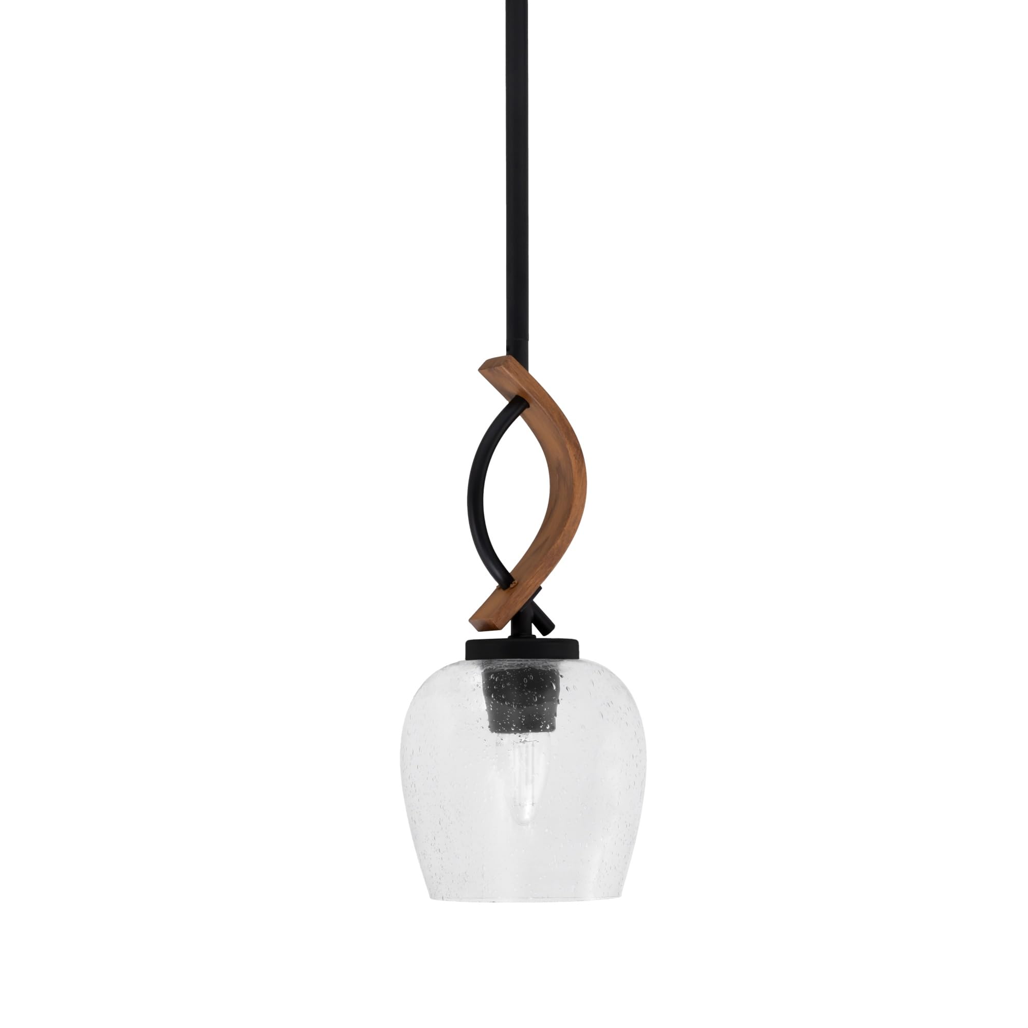 Toltec Lighting Monterey Mini Pendant Light, Matte Black & Wood-Look Finish, 6in Clear Bubble Glass