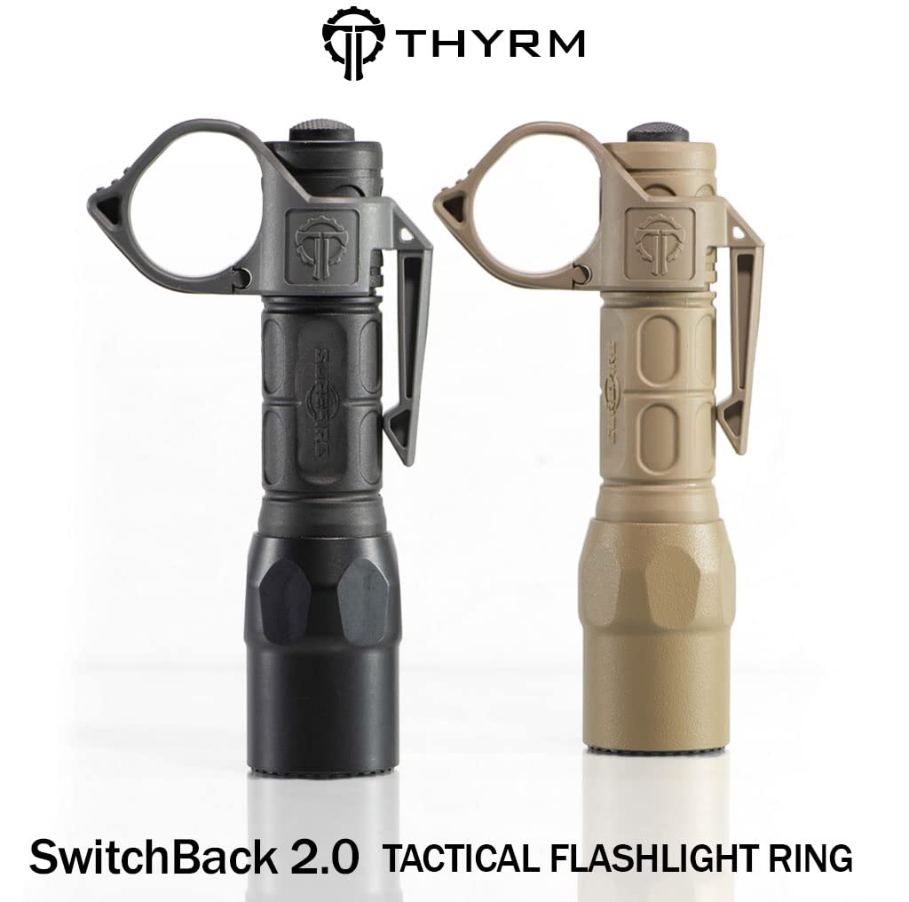 Thyrm Switchback Large 2.0 Flashlight Ring - Black, Plastic Finger Release Ring with Pocket Clip for 1-inch Diameter Lights